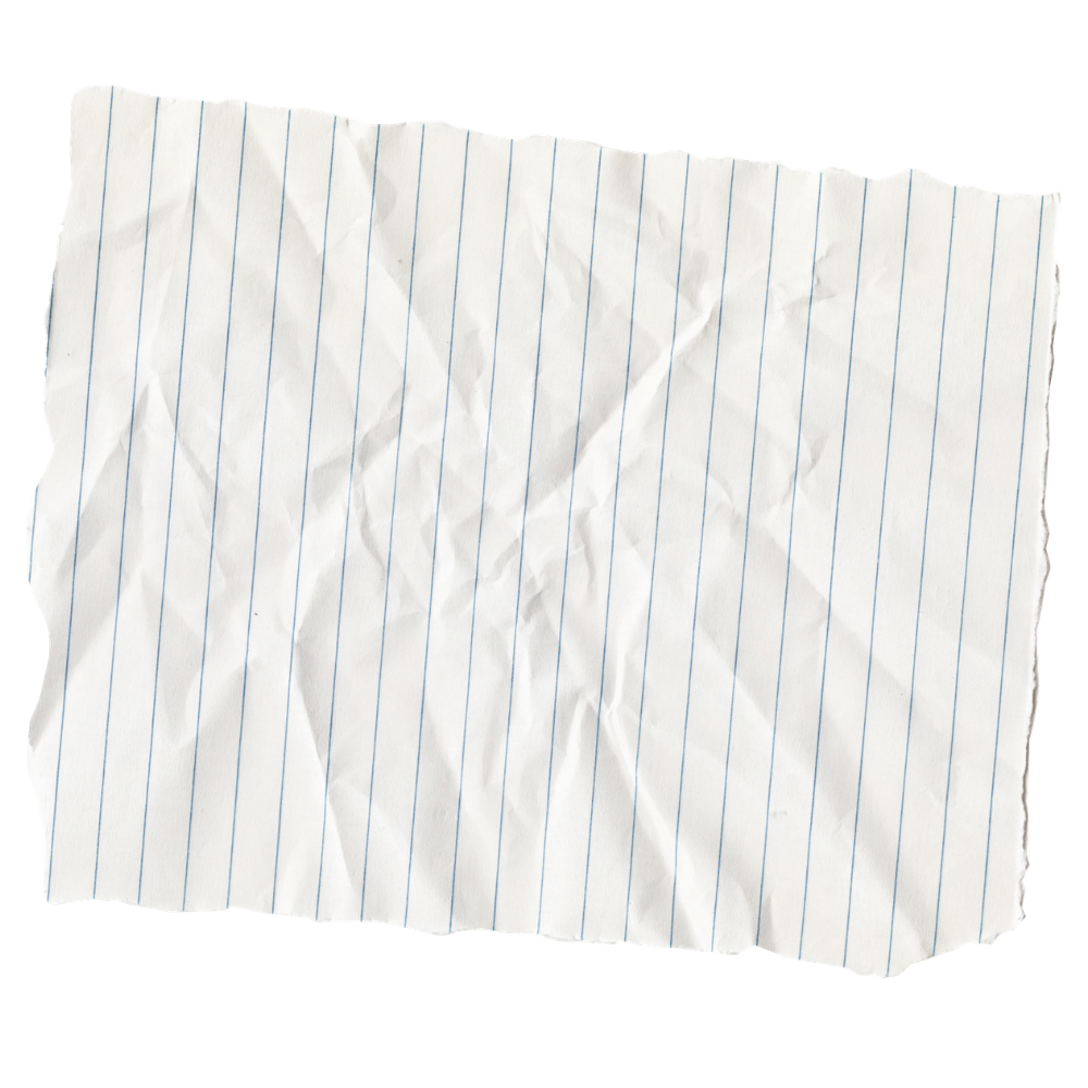 Crinkled sheet of lined notebook paper with blue lines and a torn top edge.