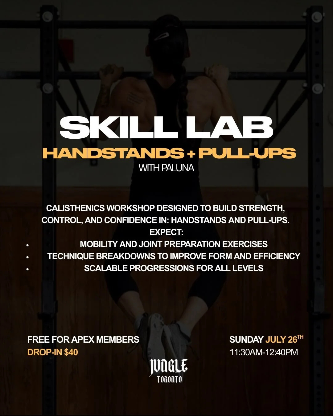 SKILL LAB: HANDSTANDS + PULL UPS with @itspaluna 

📆July 26th
⏰11:30 - 12:40 PM

Free to Apex members
Drop-In: 40$

Sign up: Link in Bio🔥

This workshop is perfect for all fitness levels, Paluna will provide modifications and progressions tailored 