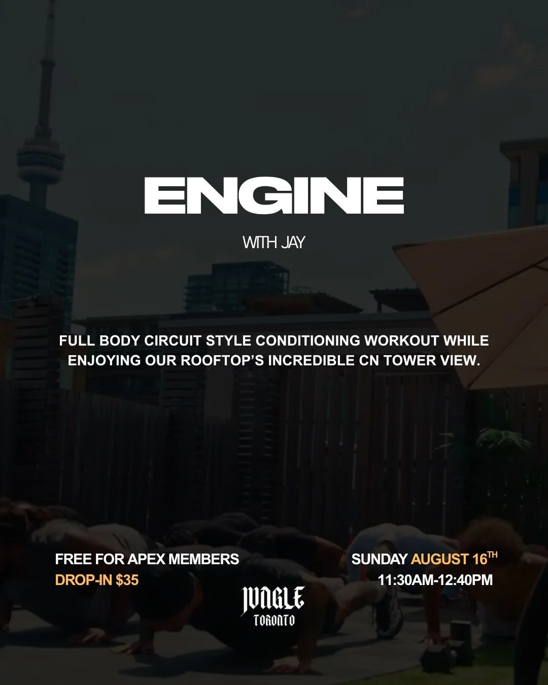 ENGINE💥 with @jayagustinofficial

Build your conditioning with a full-body circuit workout on our rooftop.

📅 Sunday, August 16
🕦 11:30 AM – 12:40 PM