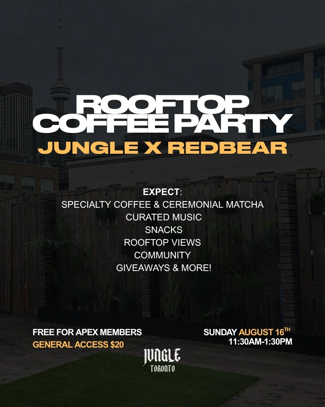 ROOFTOP COFFEE PARTY☕✨

Specialty coffee, ceremonial matcha, music, community, rooftop views, and good people. Join us with our friends from @redbearinc.ca for the perfect Sunday morning.

📅 Sunday, August 16
🕦 11:30 AM – 1:30 PM