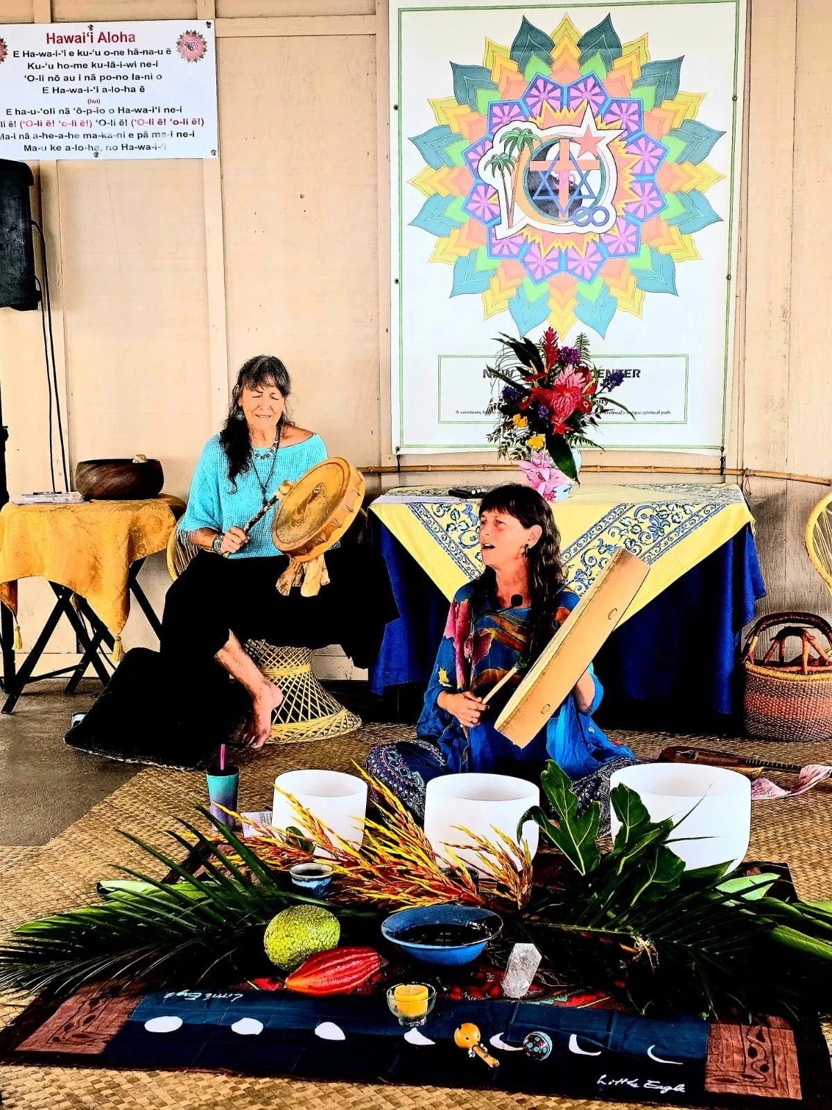 Guest speaker playing musical instruments at New Thought Center of Hawaiʻi