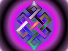 Abstract geometric pattern with interconnected squares and loops in metallic colors, set against a purple glowing circular background.