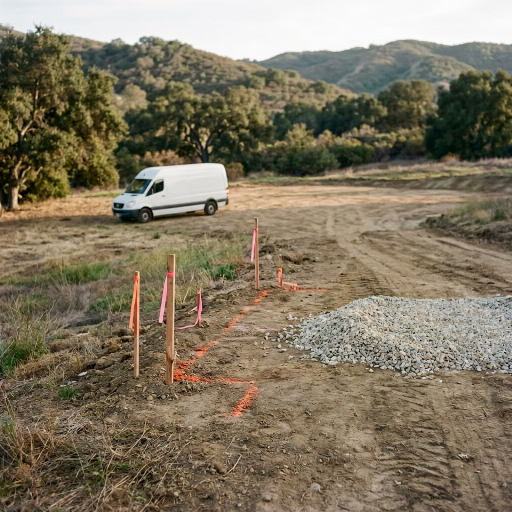 A construction site with a dirt road and orange stakes, a pile of gravel in the foreground, and a white delivery van parked near trees and rolling hills in the background
