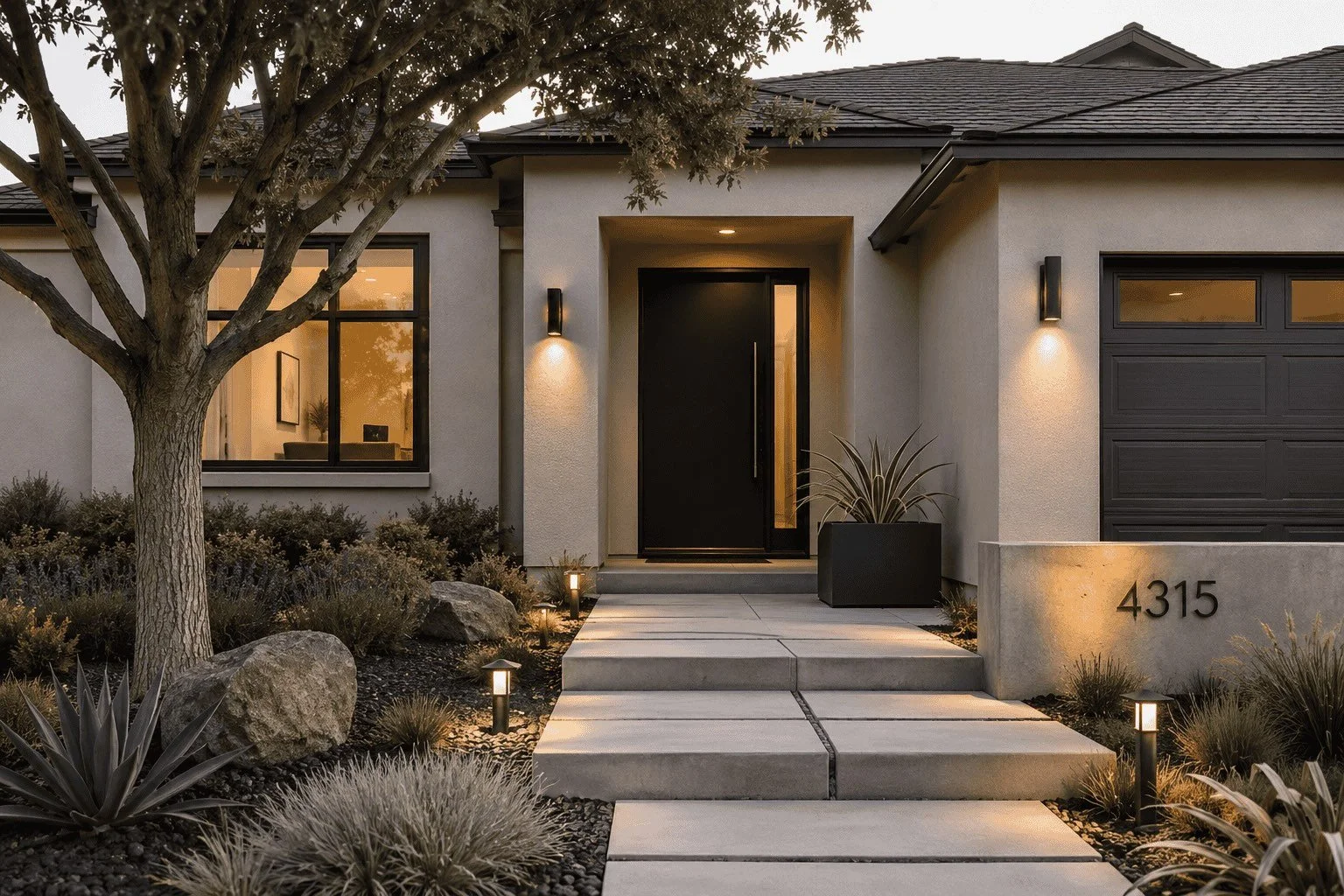 Modern house entrance with pathway, trees, rocks, and outdoor lighting at dusk