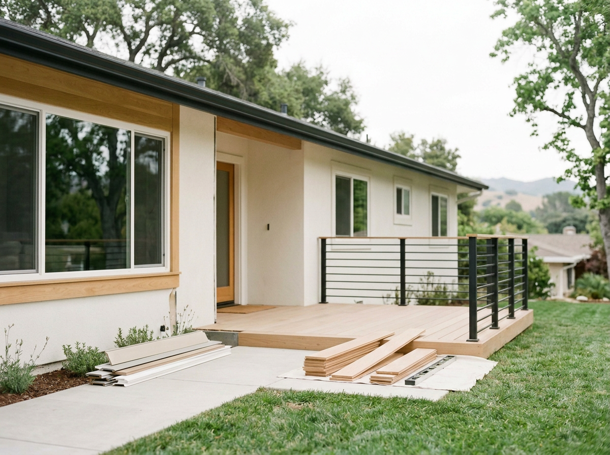 Backyard patio with wooden deck in progress, construction materials like wood planks and trim on the ground, new house with large windows, railing around the deck, green grass, and trees in the background.