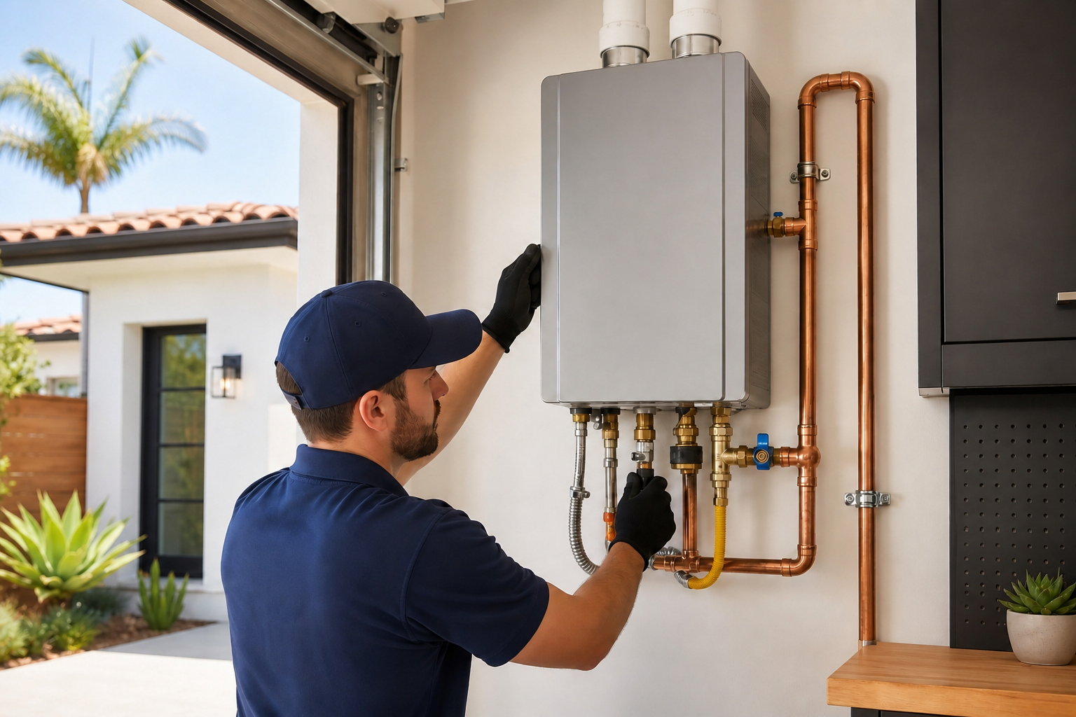 A technician in a navy uniform and black gloves working on a modern tankless water heater mounted on a wall exterior of a house. The technician is adjusting or inspecting the unit with copper piping, with a sunny exterior scene and a palm tree visible through the open window.