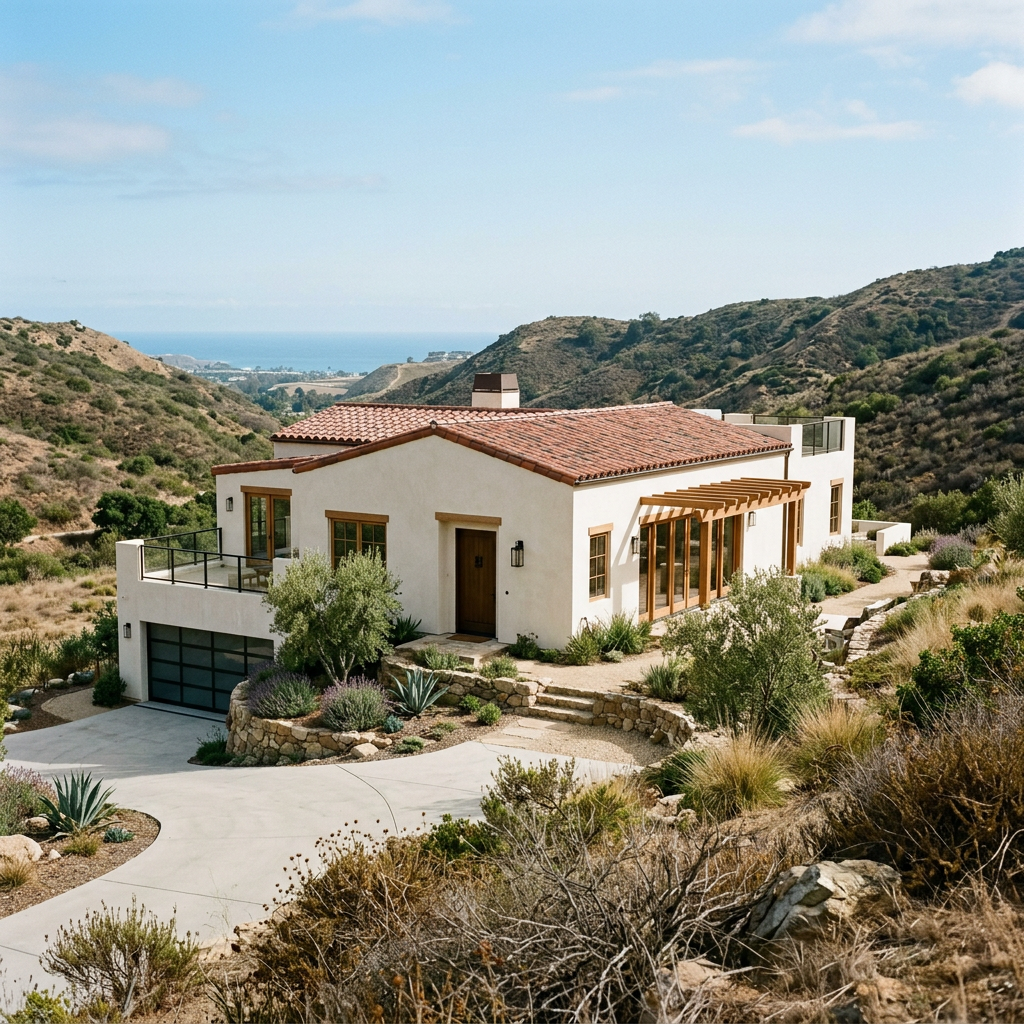Modern white house with terracotta roof and wooden accents situated on a hillside with desert landscaping, overlooking distant ocean and mountains.