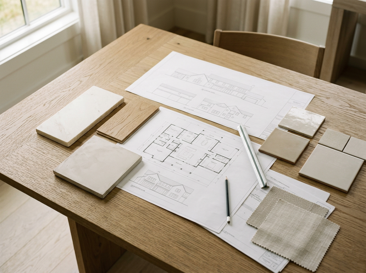 Architecture blueprints and tile samples on a wooden table, with a window in the background.