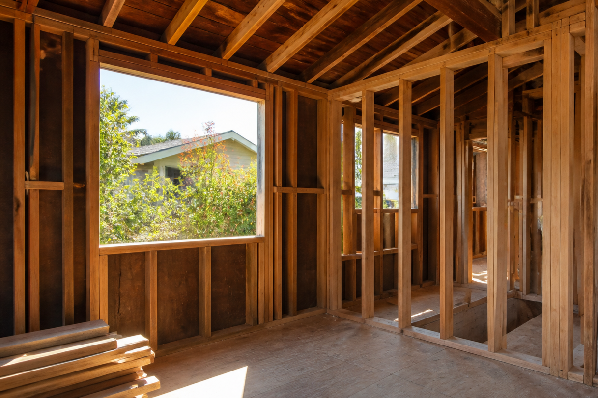 Interior of a house under construction with exposed wooden framing and a large window showing a view of trees and a neighboring house.