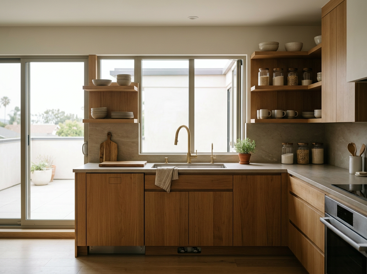 Modern kitchen with wooden cabinets, open shelving, a window above the sink, and sliding glass door leading to a balcony.
