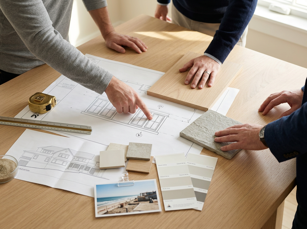 Three people are discussing interior design plans on a wooden table, with architectural drawings, samples of wood and stone, a measuring tape, and color swatches.