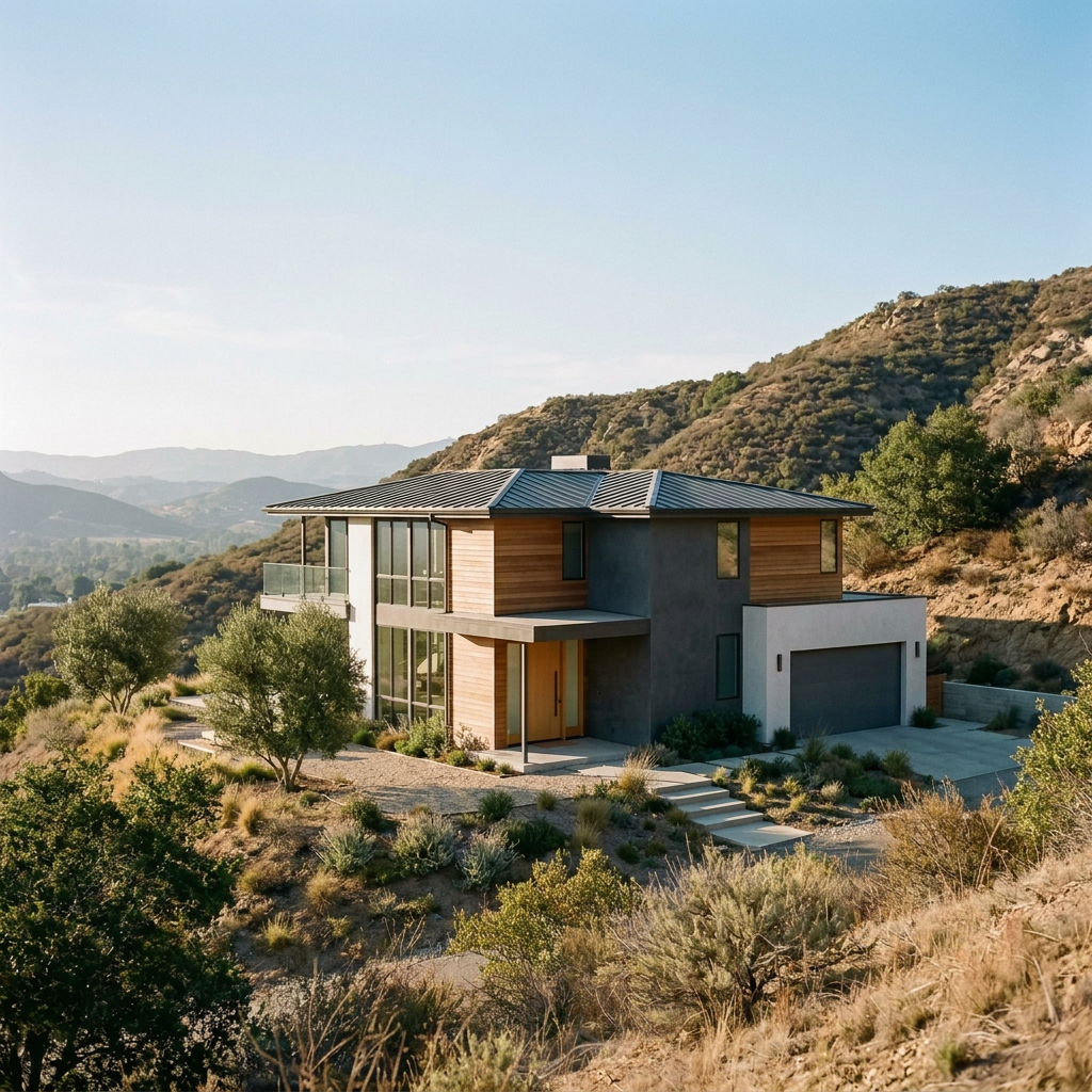 Modern house on a hillside with large windows, trees, and mountains in the background.