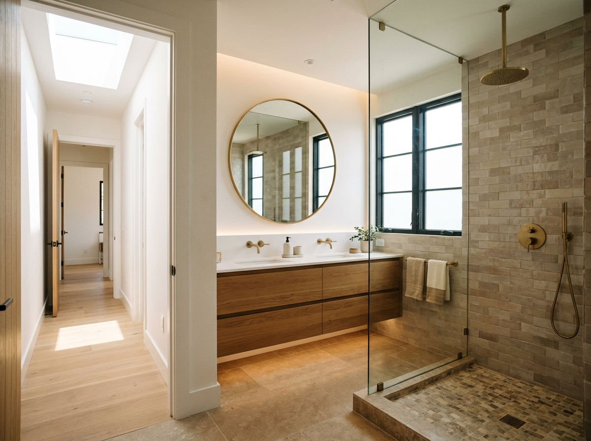 Modern bathroom with wooden vanity, round mirror, skylight, glass shower with beige brick tiles, black-framed windows, and wooden flooring.