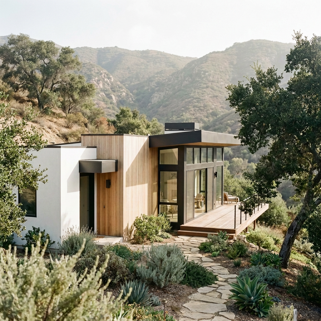 Modern house with large glass windows and a wooden deck, surrounded by desert plants and trees, with mountains in the background.