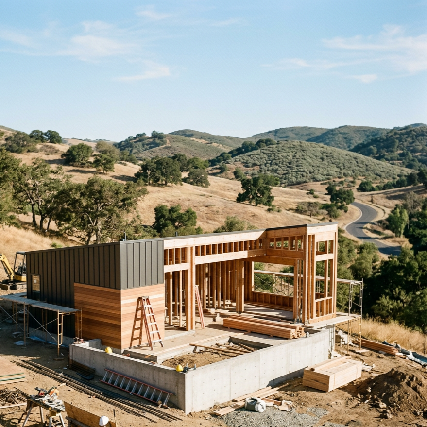 Construction site of a wooden house in a hilly landscape with trees and a winding road in the background.