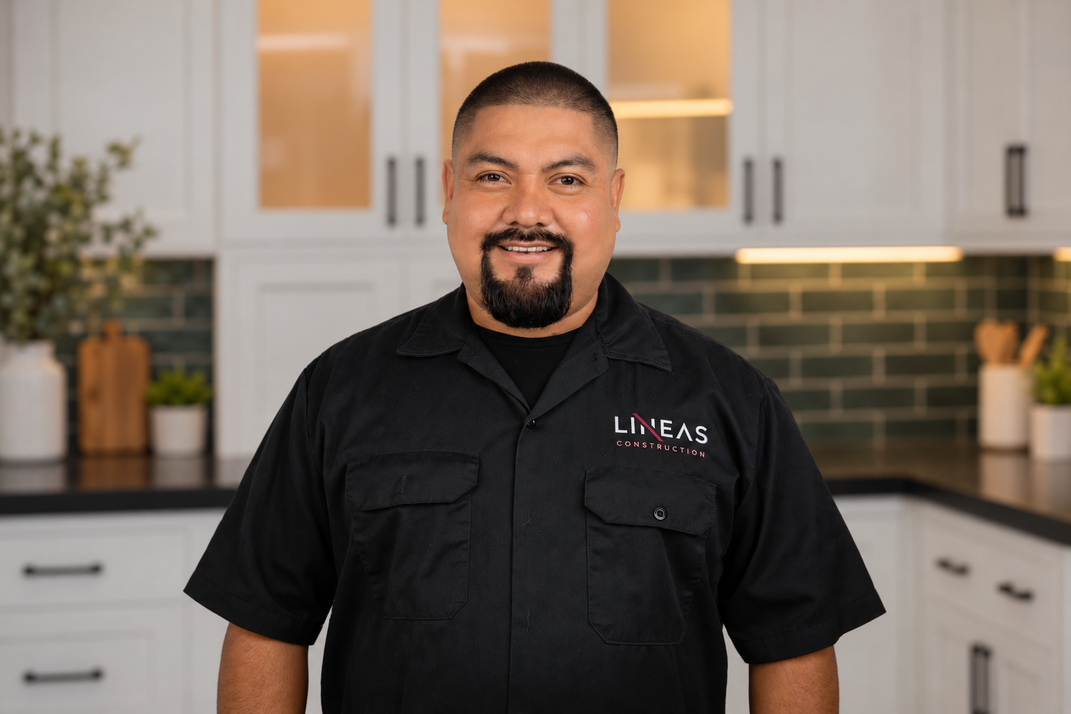 Magdiel Reyes, founder of Lineas Construction, wearing a Lineas work shirt in a kitchen.