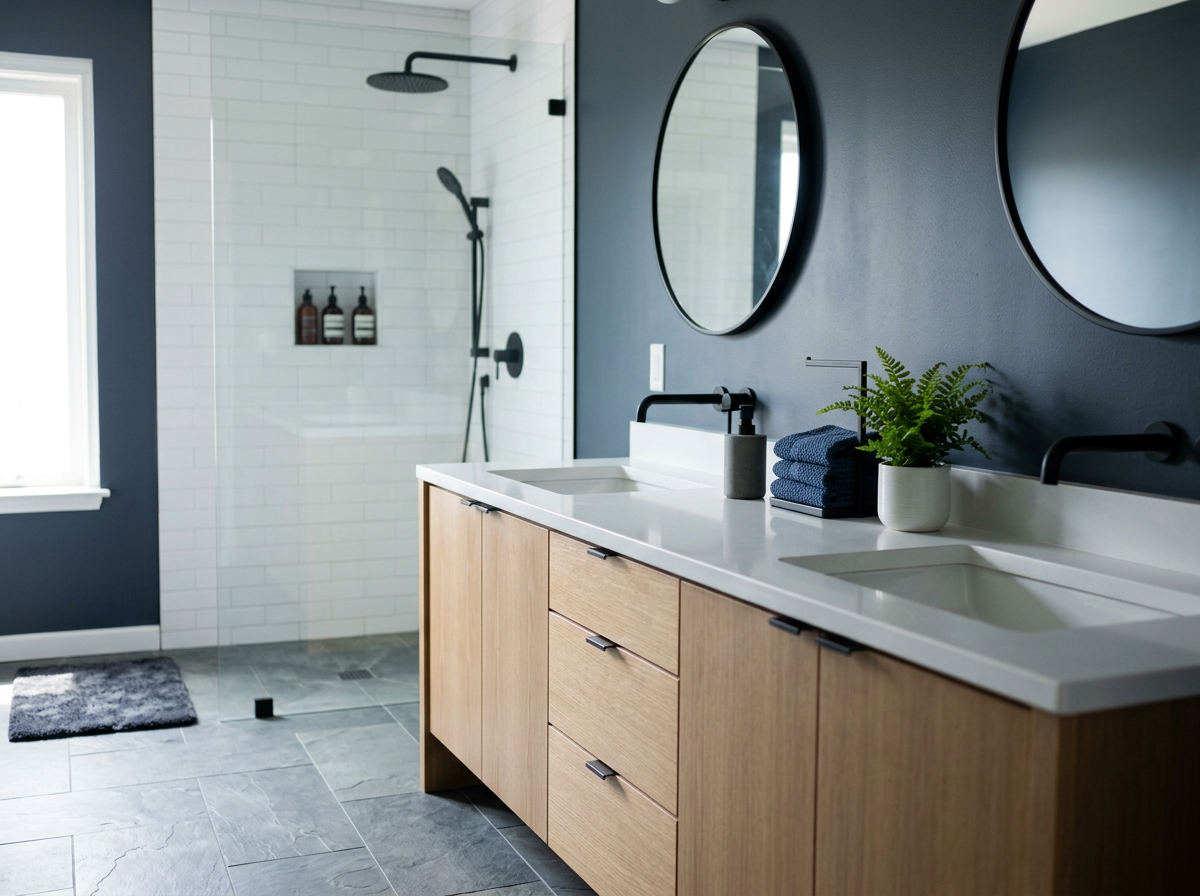 Modern bathroom with double vanity, round mirrors, navy blue wall, potted plant, folded towels, and a glass-enclosed shower with white subway tiles and a black rain showerhead.