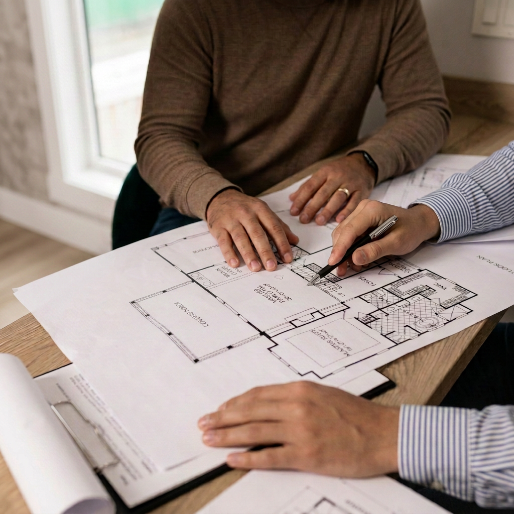 Two people examining and discussing architectural blueprints or floor plans at a desk.