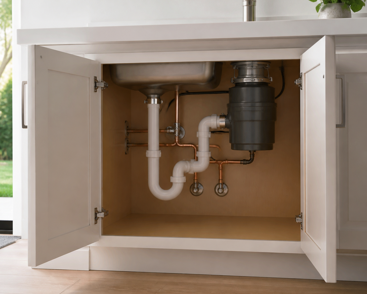 Underside of a kitchen sink with plumbing pipes and a black garbage disposal unit inside a cabinet.