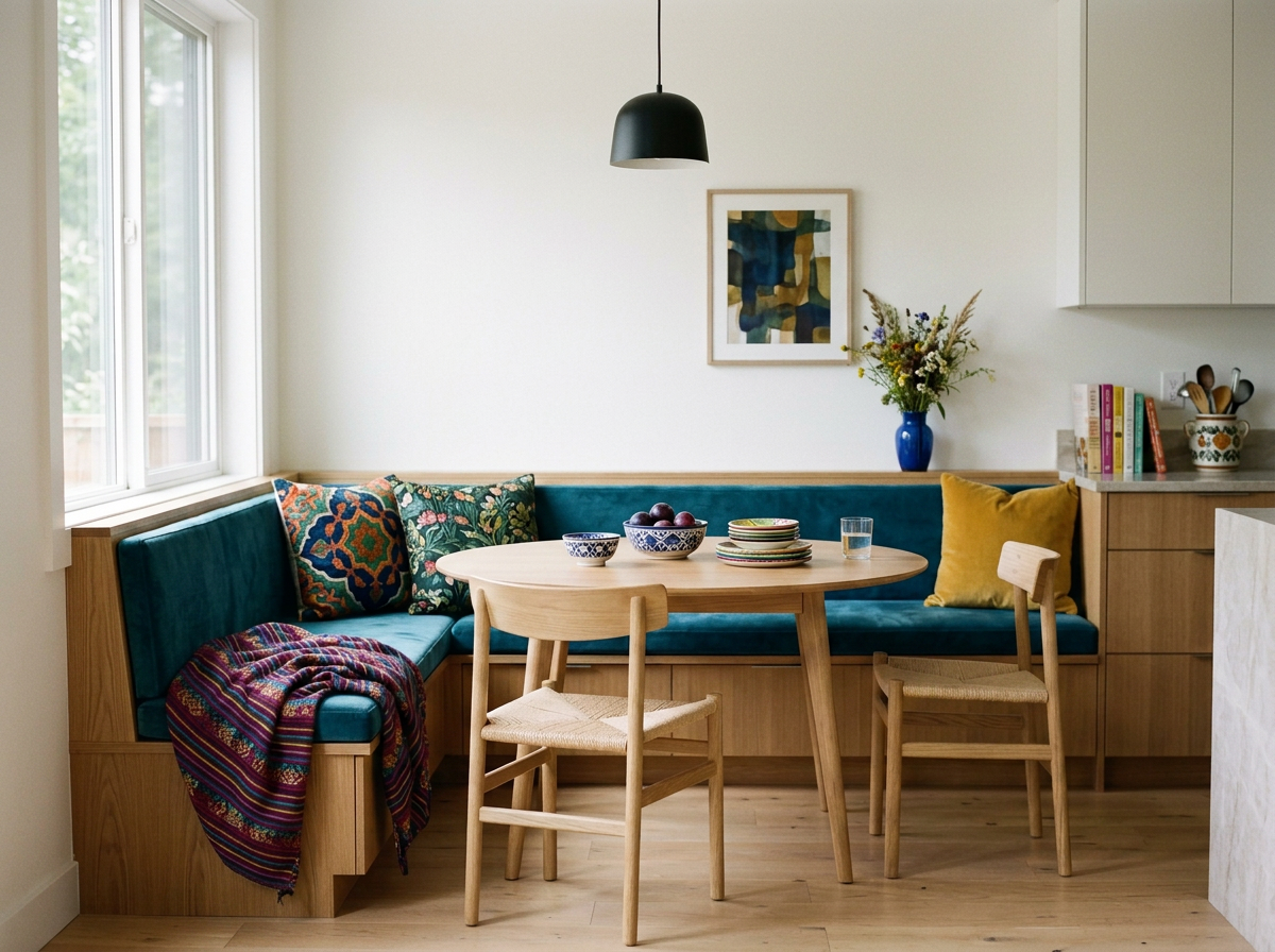 A cozy dining nook with a built-in corner bench with teal cushions, colorful patterned pillows, and a wooden table with matching chairs. There are bowls with fruit and a glass of water on the table. A window provides natural light, and a black pendant light hangs from the ceiling. A framed abstract art piece and a vase with flowers are on the wall, with a bookshelf and kitchen items nearby.
