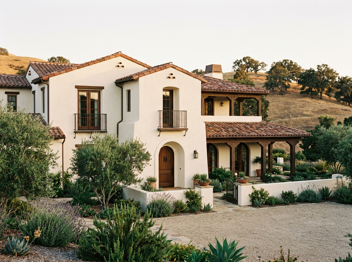 A Mediterranean-style house with white stucco walls, red tile roof, wooden accents, and surrounded by a lush garden with various plants and trees.