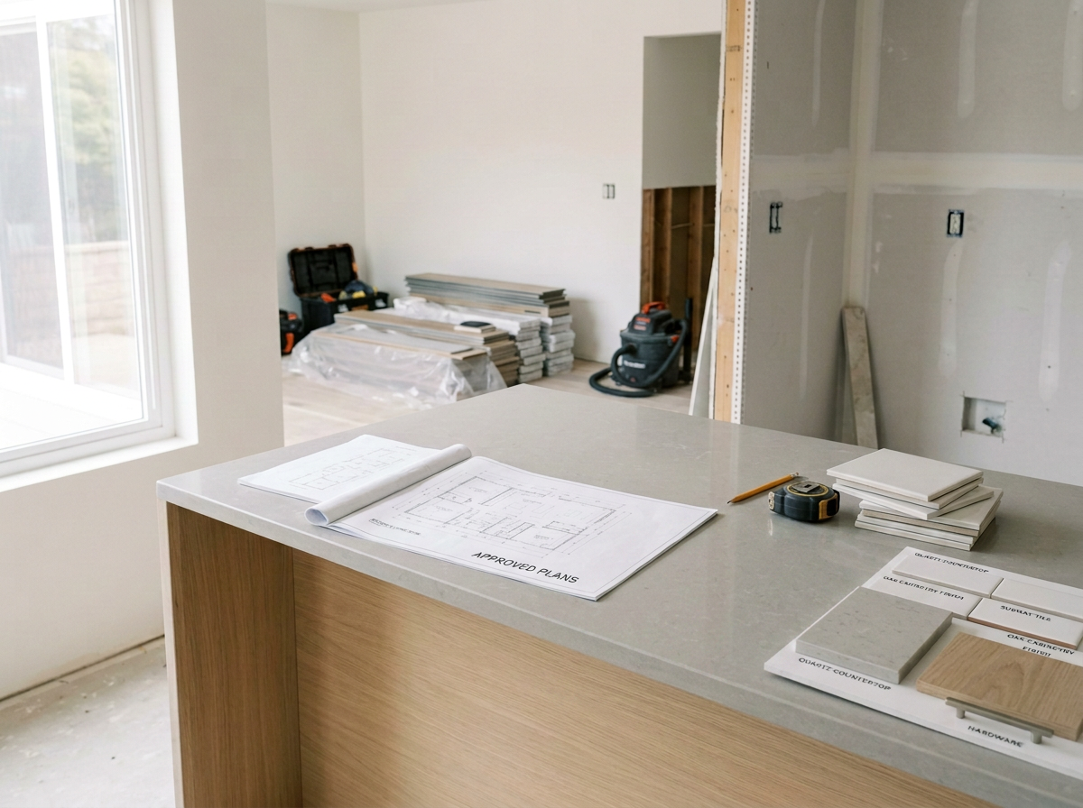 Interior of a house under construction with blueprints and planning materials on a counter, and construction tools and materials in the background.