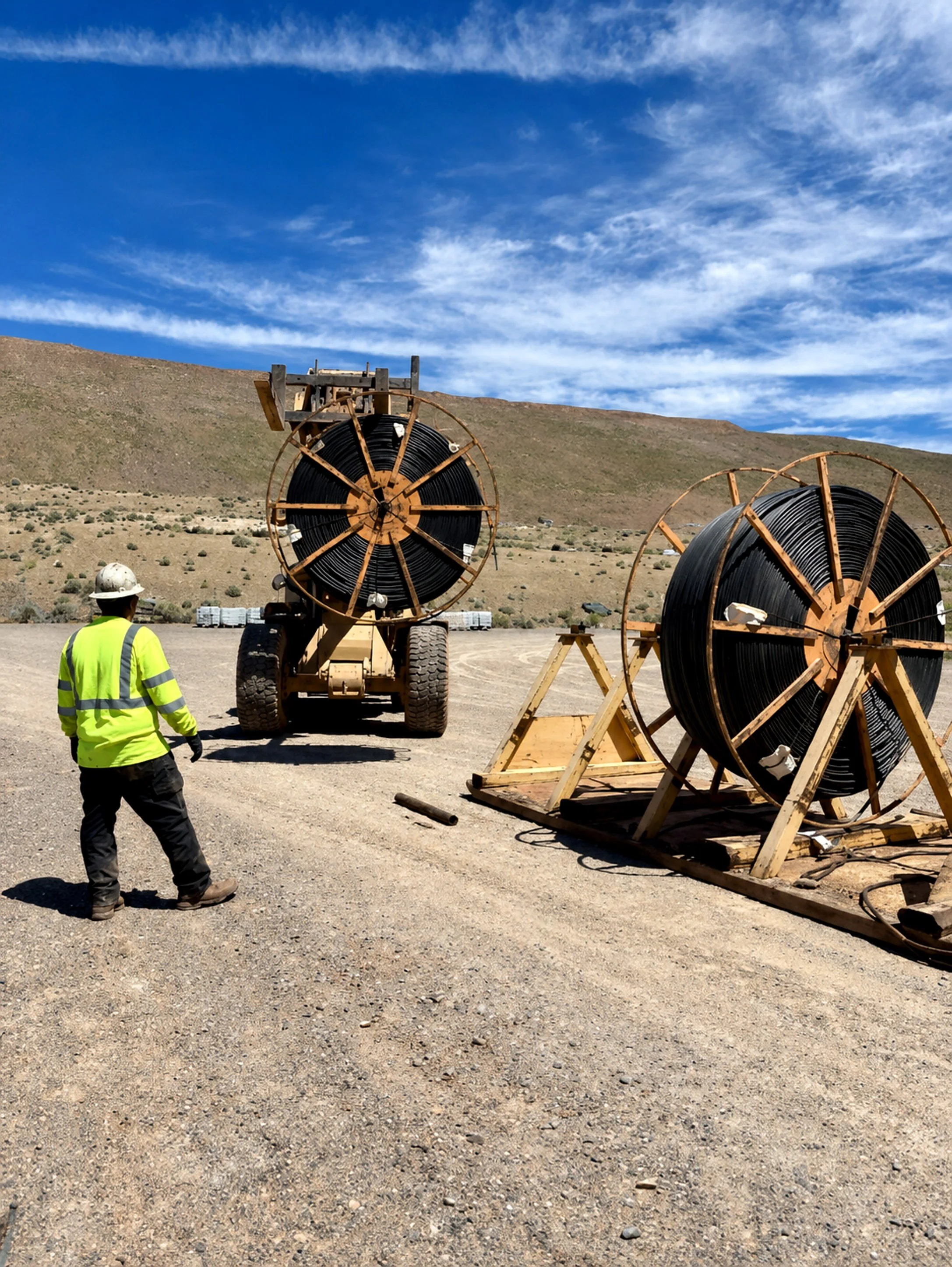 Prime Industrial employee in Northern Nevada wearing a yellow safety vest and white hard hat walking near large spools of black cable on a gravel construction site with a mountain and blue sky with wispy clouds in the background.