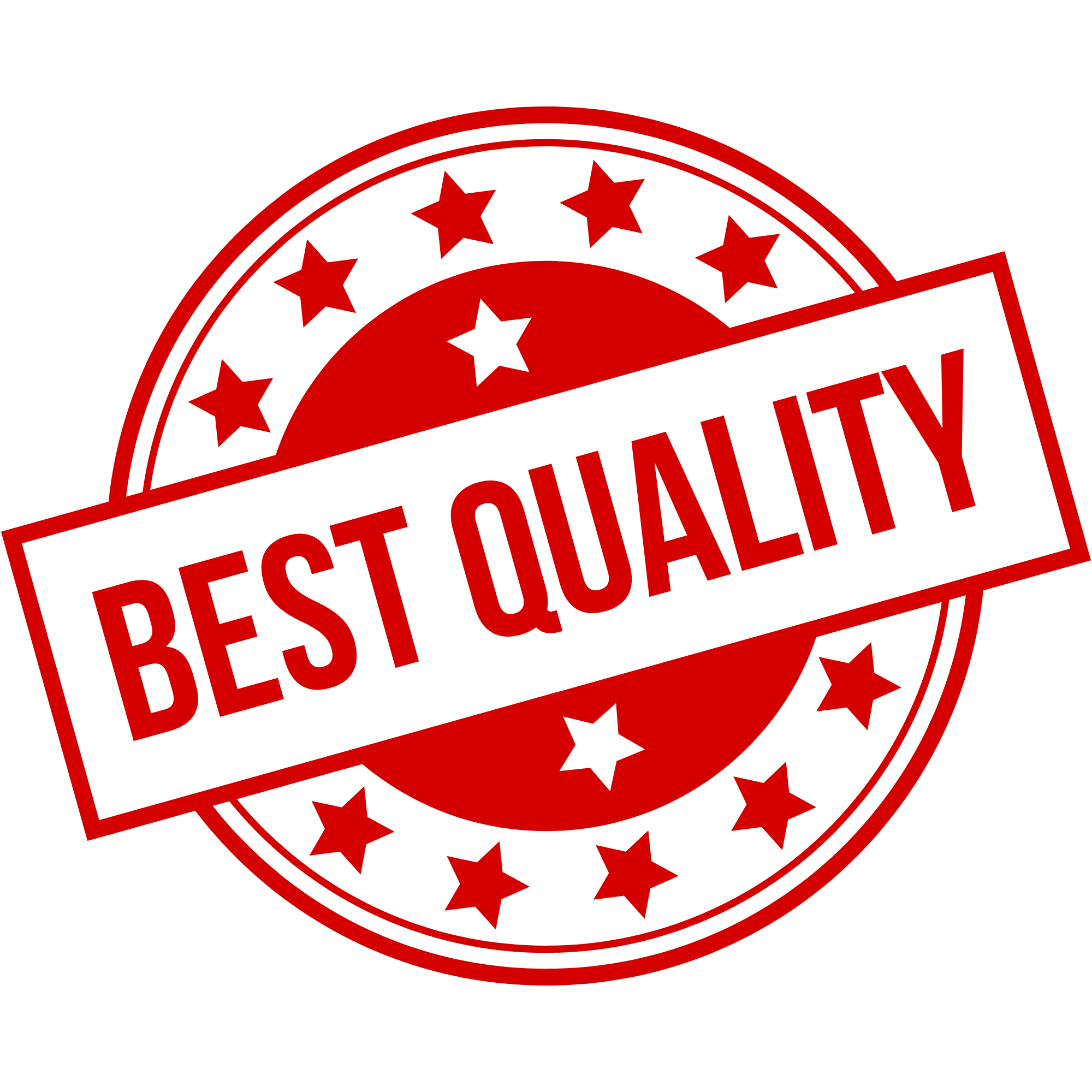 A red and white circular 'Best Quality' promotional badge decorated with red stars.