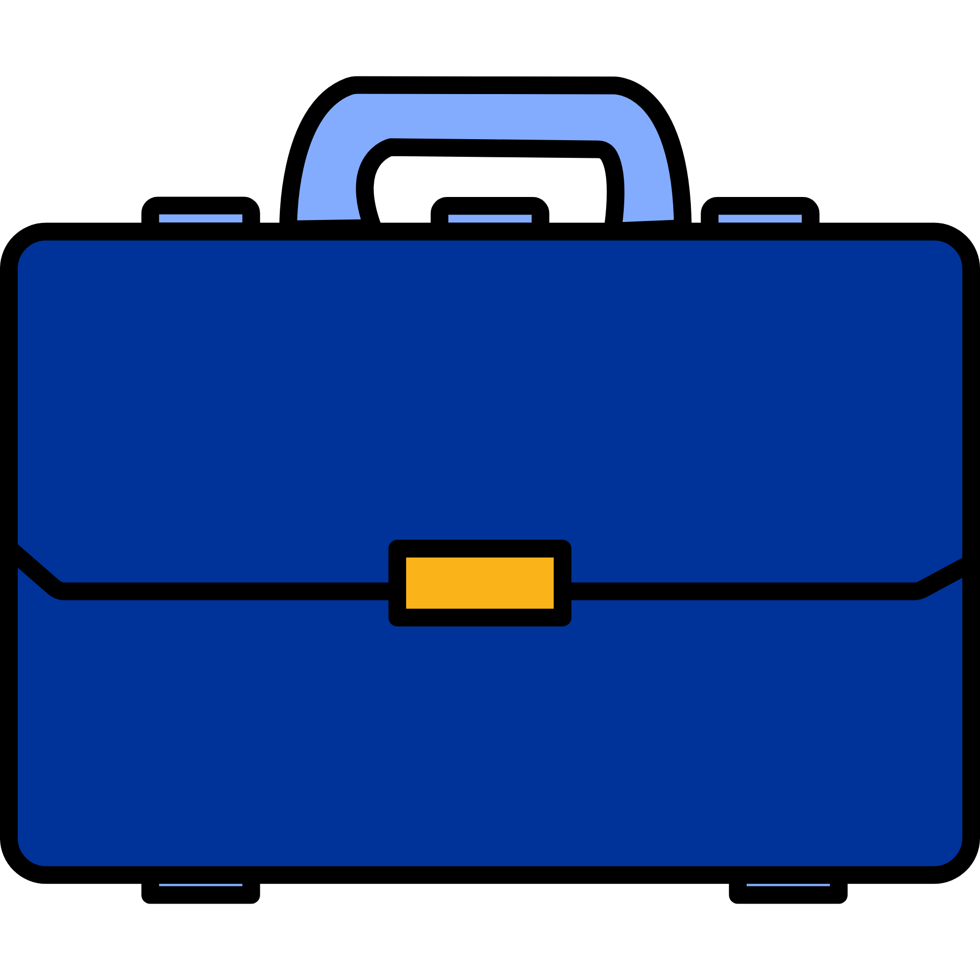 Computer graphic illustration of a desktop computer monitor, keyboard, and mouse on a black background, using shades of blue and black.