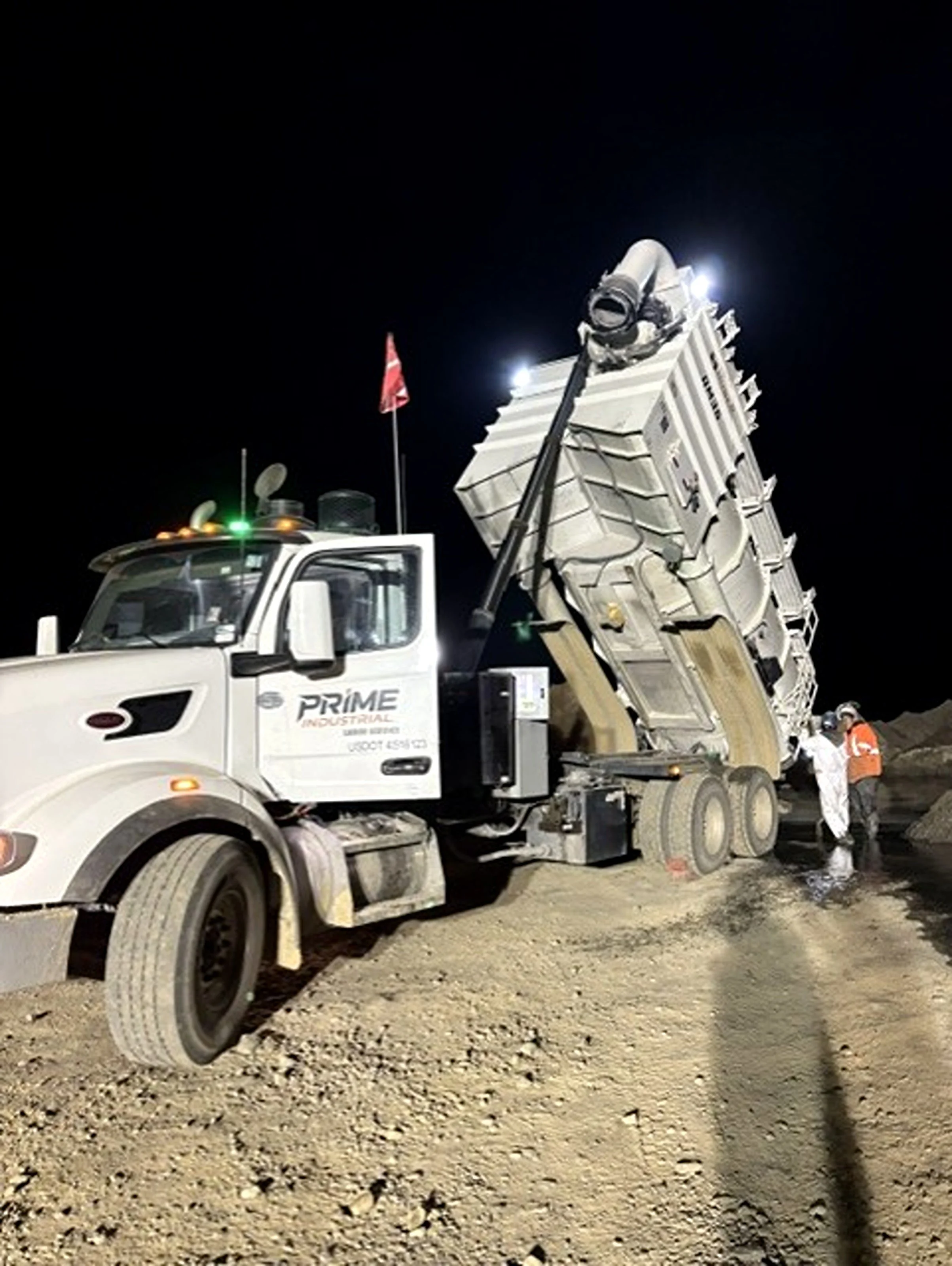 A cement mixer truck is seen at night on rough ground with workers nearby, under a dark sky.