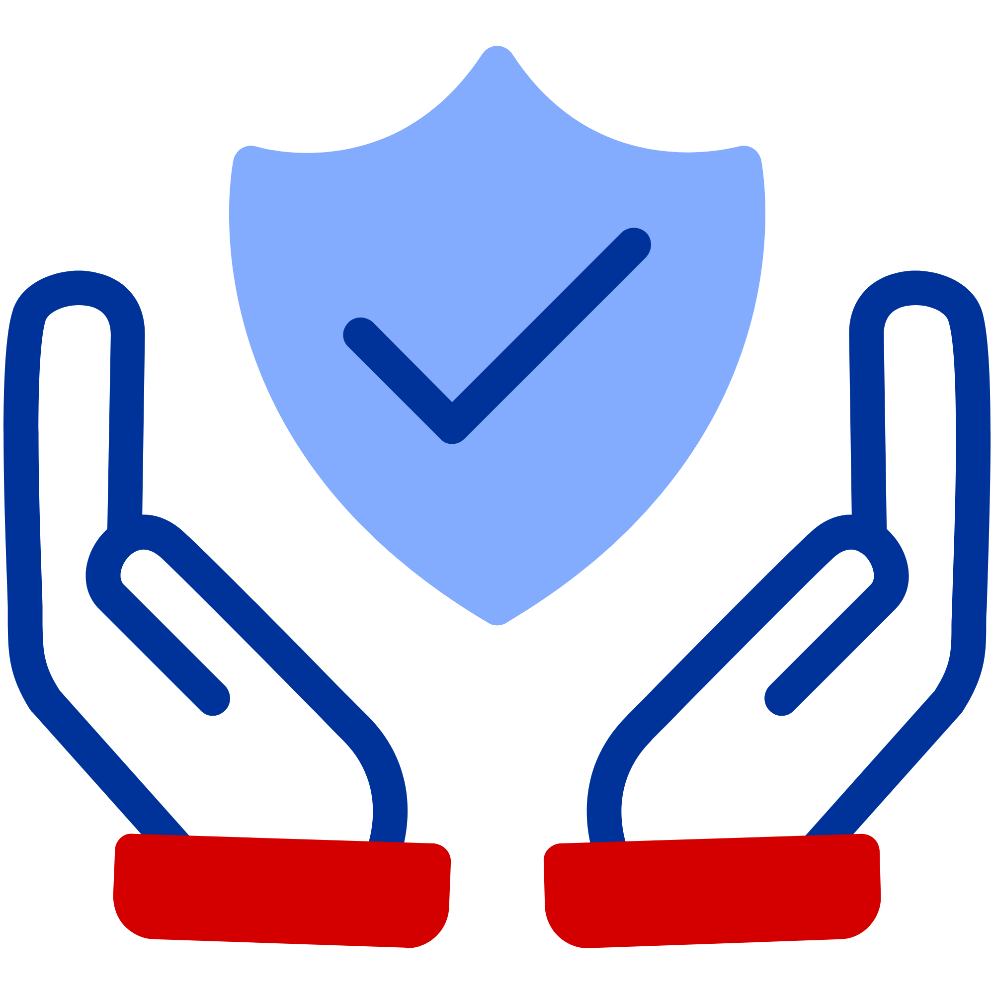 Digital illustration of a shield with a check mark, set against a black background with stylized blue lines and red accents.