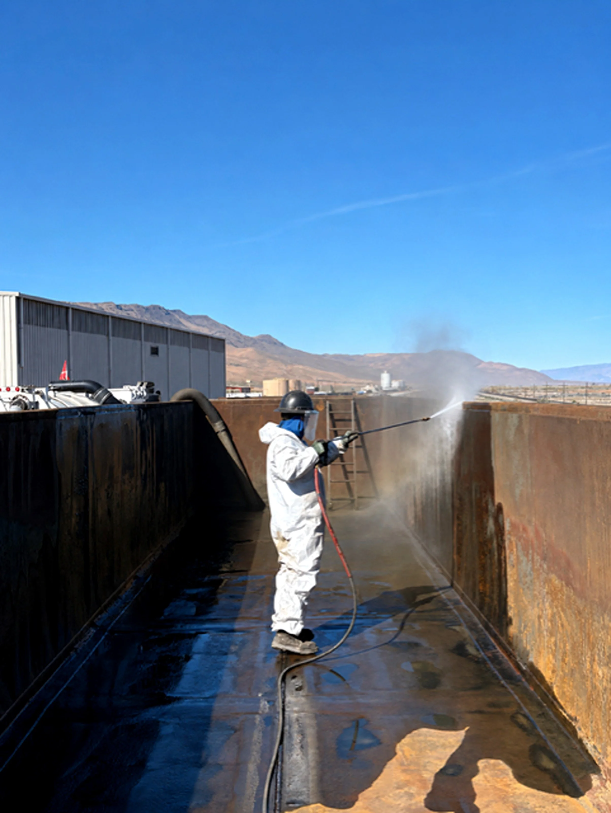 Worker in white protective suit pressure washing the inside of a large metal tank outdoors, with mountains and clear blue sky in the background.