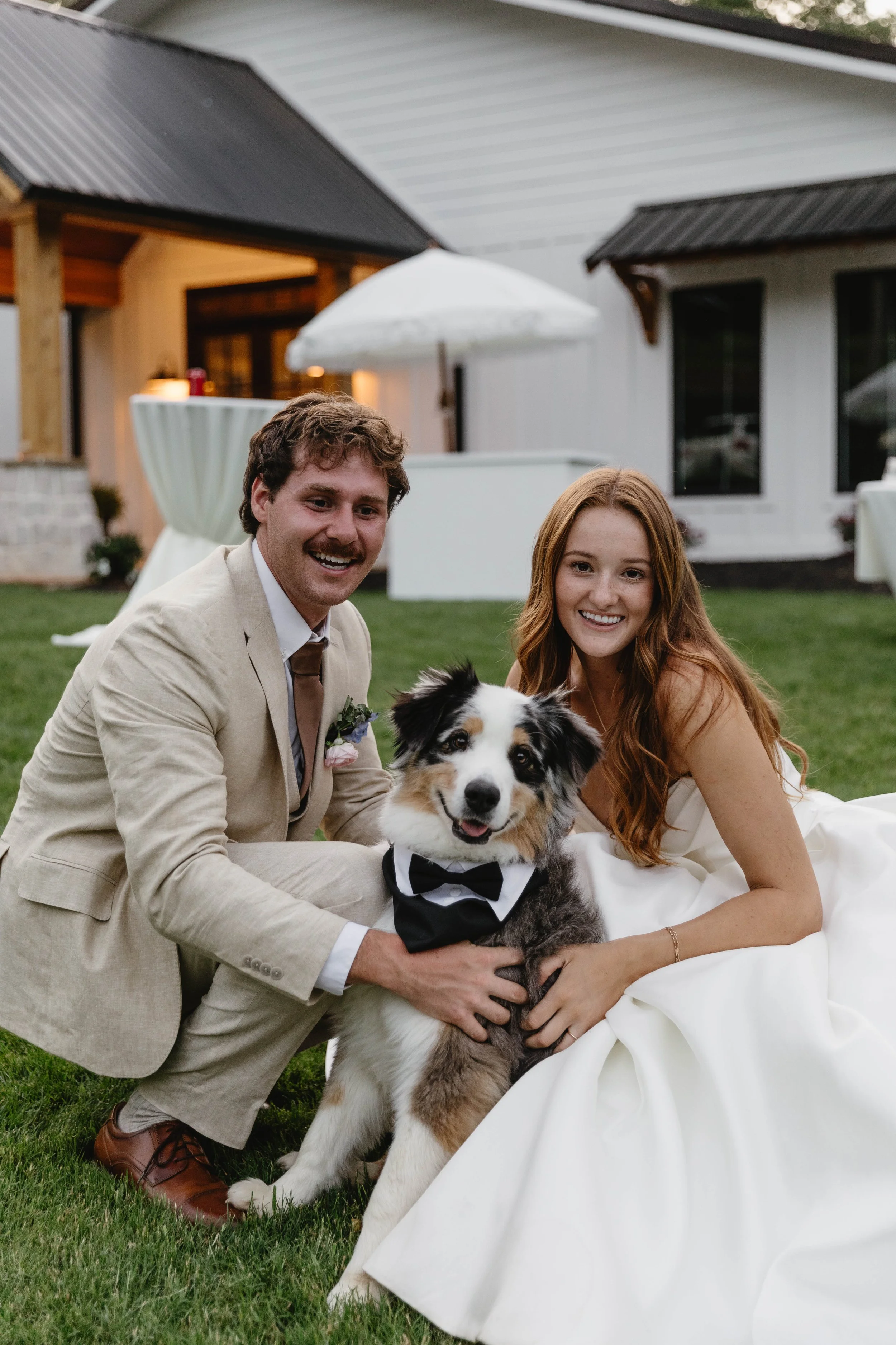 A couple in wedding attire with a dog, posing outdoors on grass, with a wedding reception setup in background.
