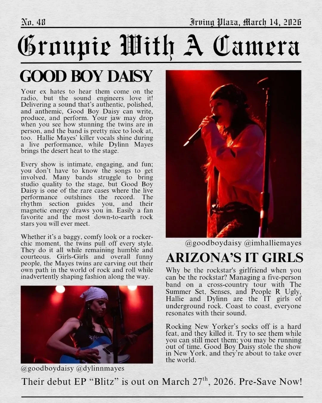 Groupie with a camer article review of good boy daisy at irving plaza on march 14 2026