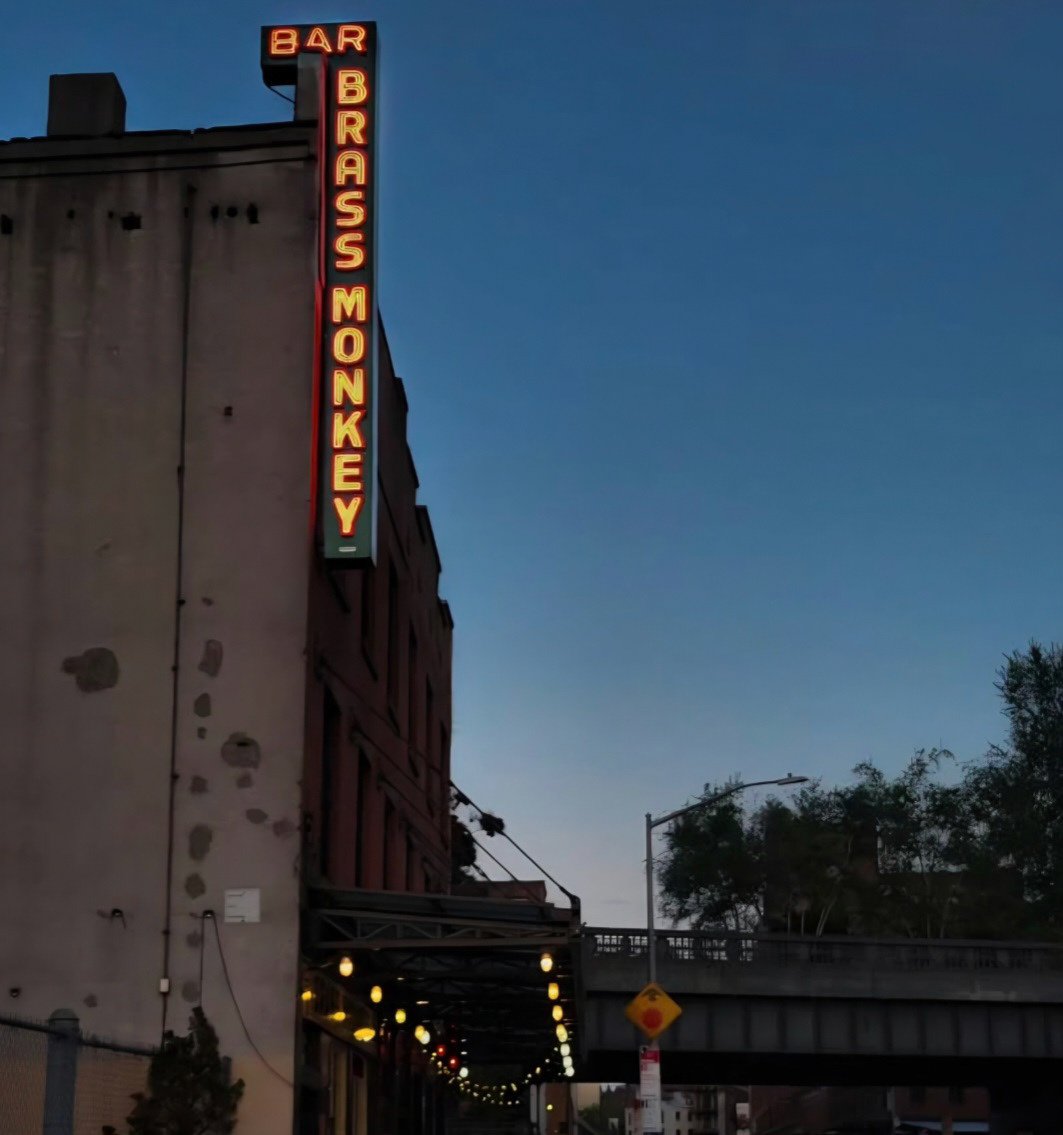 Neon sign reading 'BAR BRASS MONKEY' on the side of a building during evening with a darkening sky and string lights below.