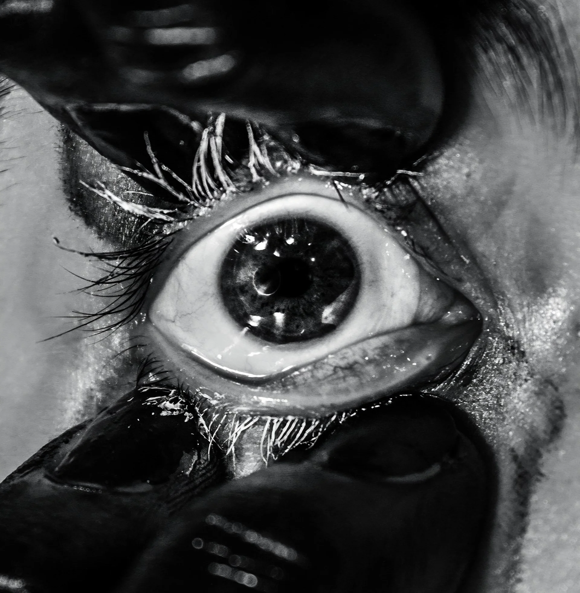 Close-up of a human eye, showing the iris, pupil, and eyelashes in black and white.