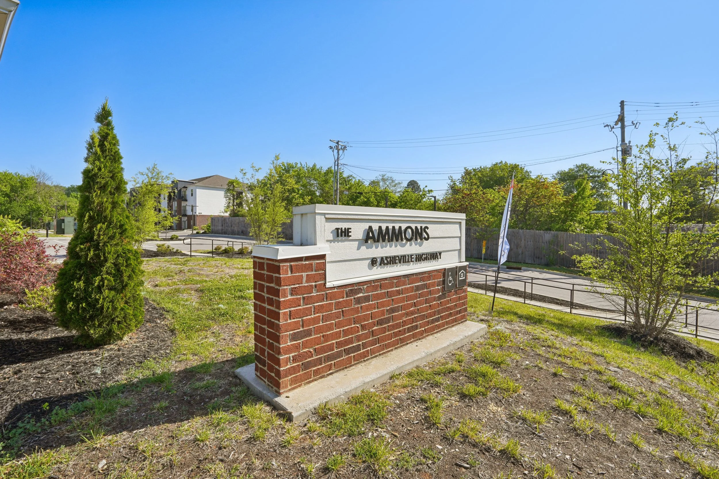 Sign that reads "The Ammons @ Asheville Highway" in front of trees, shrubs, and power lines under a clear blue sky.