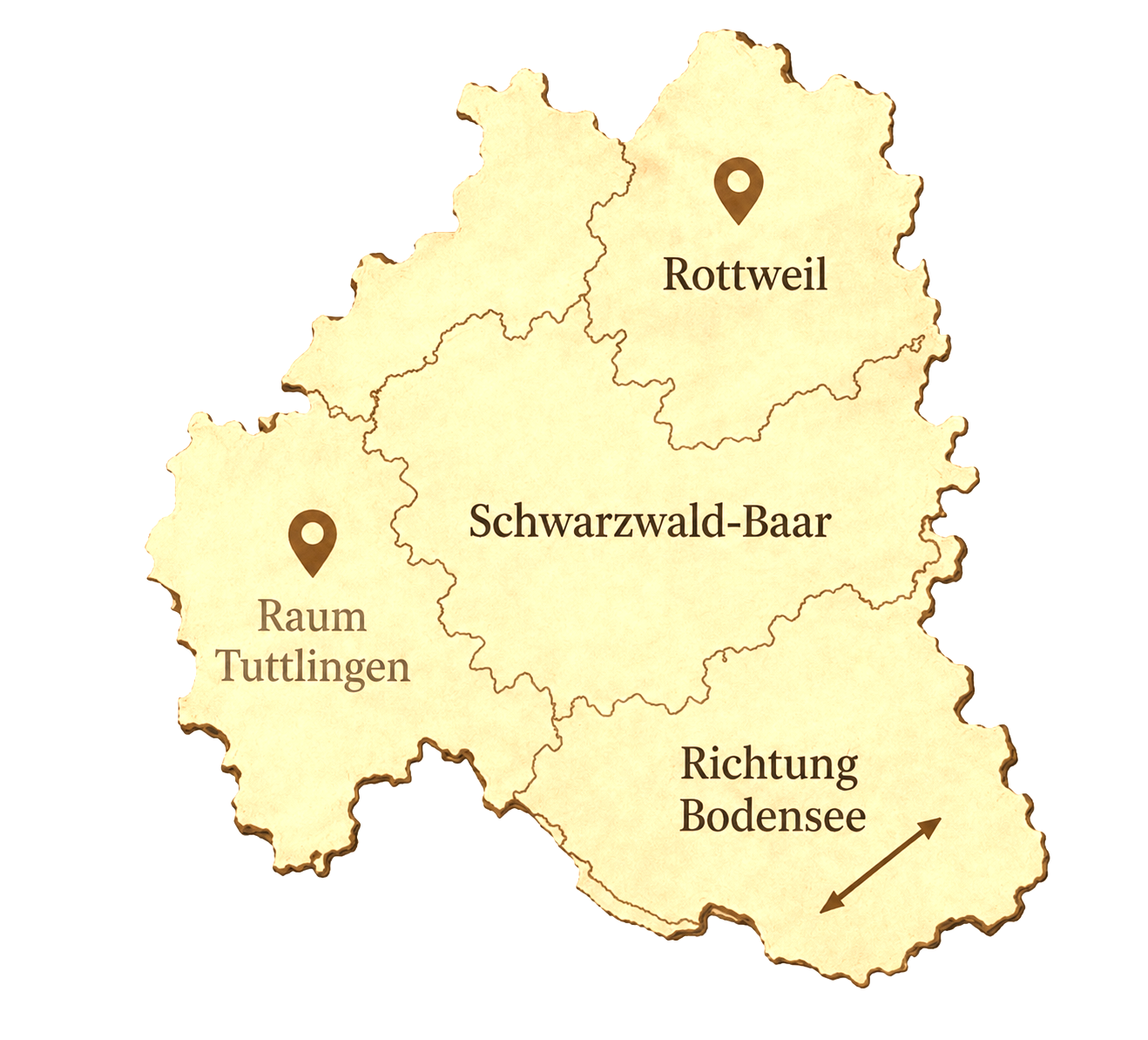 Karte des Schwarzwald-Baar-Kreis in Deutschland mit Markierungen für Rottweil im Norden und Raum Tuttlingen im Westen, und Richtung Bodensee nach Süden