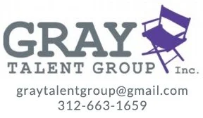 Gray Talent Group logo with purple director's chair, email, and phone number.