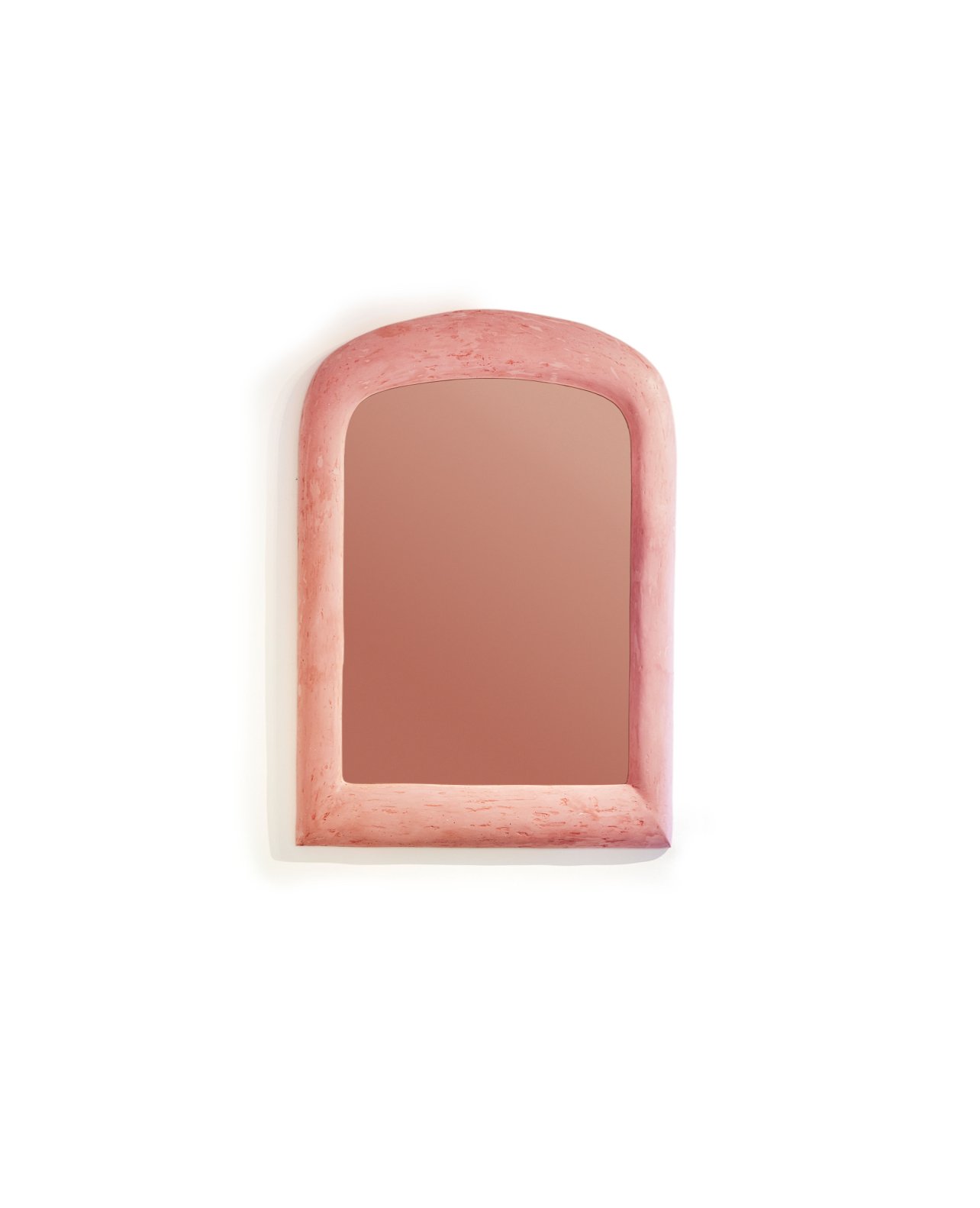 Pink marble arch-shaped mirror with a pink glass reflection on a white background.