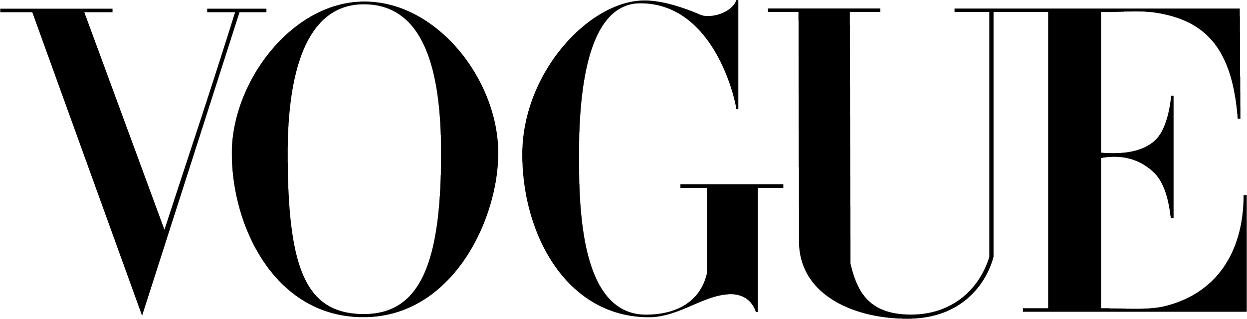 The word "VOGUE" written in large, thin outline letters on a black background.