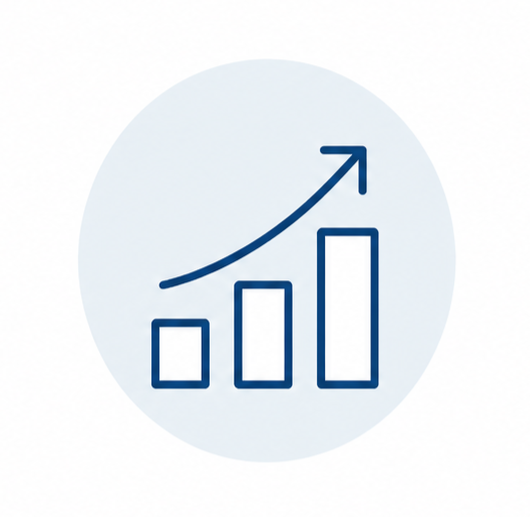 A bar chart with three ascending bars and an upward trending arrow.