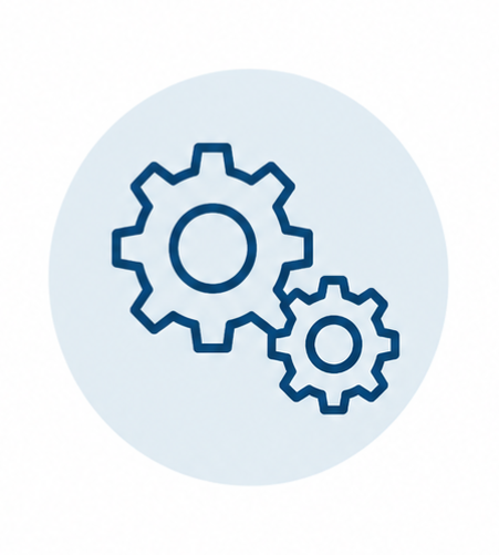 Illustration of two interconnected gears, one larger and one smaller, inside a light blue circle.