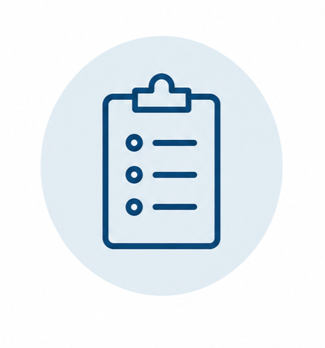 Icon of a clipboard with a checklist with three bullet points.