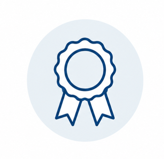 Illustration of a ribbon or award medal with a circular center and two ribbon tails, in blue outline.