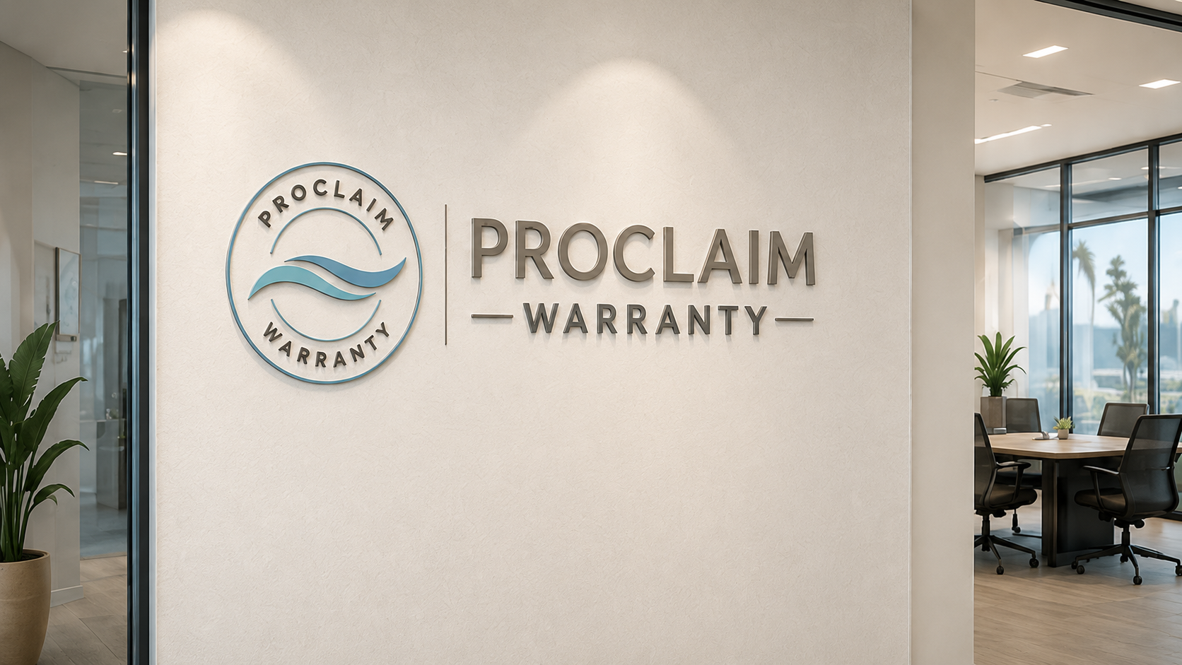 Office wall with Proclaim Warranty logo and text, with a meeting room and large windows showing palm trees outside.