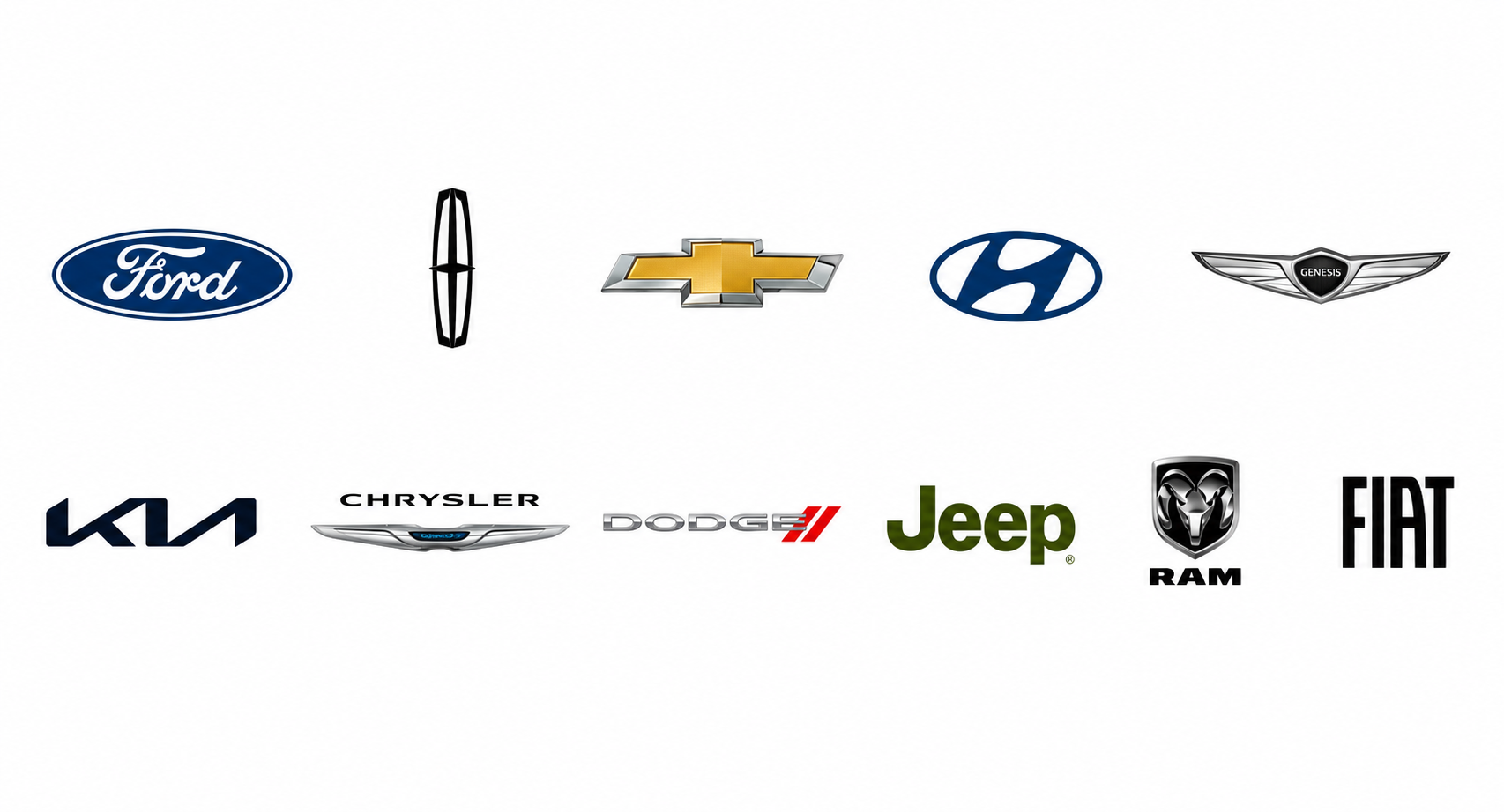Collection of car brand logos, including Ford, Lincoln, Chevrolet, Hyundai, Genesis, Kia, Chrysler, Dodge, Jeep, RAM, Fiat, and others.