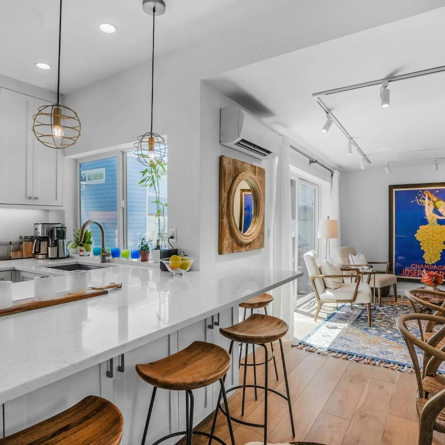 Lake Union Seattle houseboat renovation with open kitchen and living room