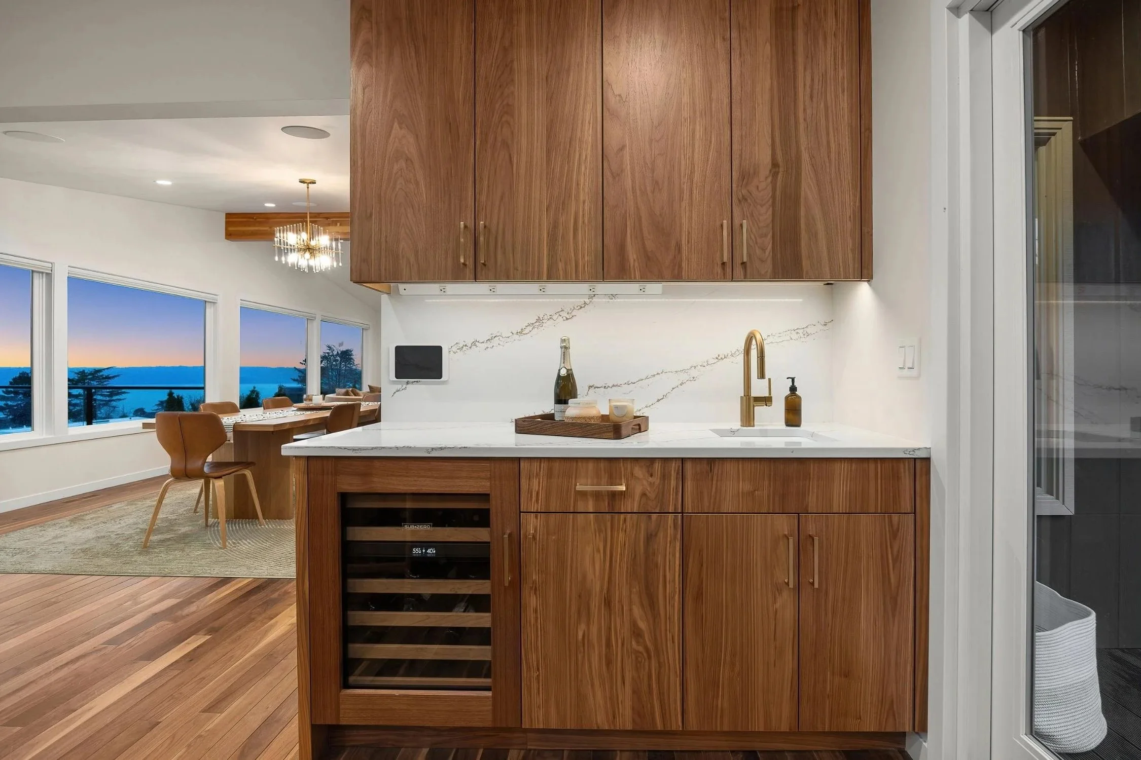 Mid-century modern renovation with wet bar addition and wine storage