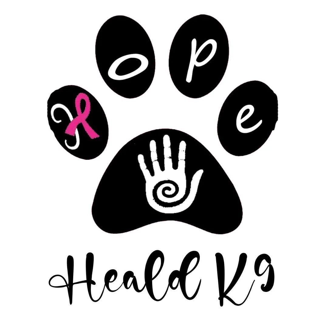 A black paw print with colorful letters spelling 'hope' and a pink ribbon, and the words 'Headed K9' underneath, supporting cancer awareness.